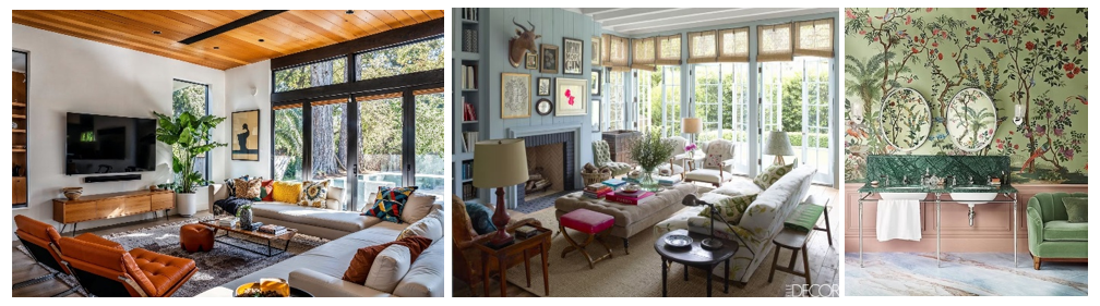 From left: Mid-century modern interior, Eclectic Style, Chinoiserie Interiors