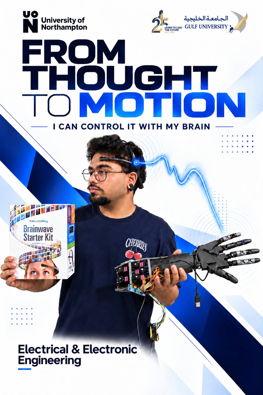 “From Thought to Motion” poster: Electrical and Electronic Engineering student Armaan Firoz Ahmed wearing a brainwave headset and holding a robotic prosthetic hand