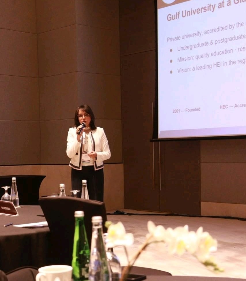Dr. Meryem Fati presenting “Gulf University at a Glance” at the MENA Higher Education Leadership Forum 2026